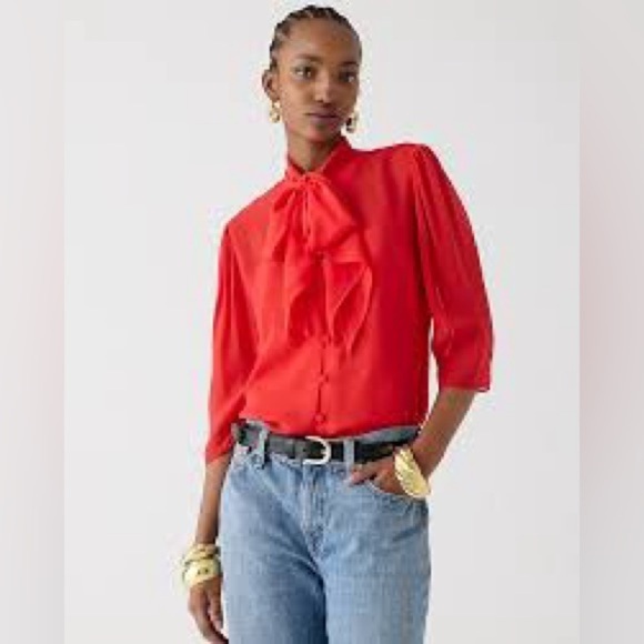 J Crew Women's Tie neck button up top in sheer chiffon For Vintage Red BY682 - Picture 1 of 4